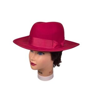 Vintage Women's Red Felt Ribbon Hat Auguste Size Large 24" Red Hat Society